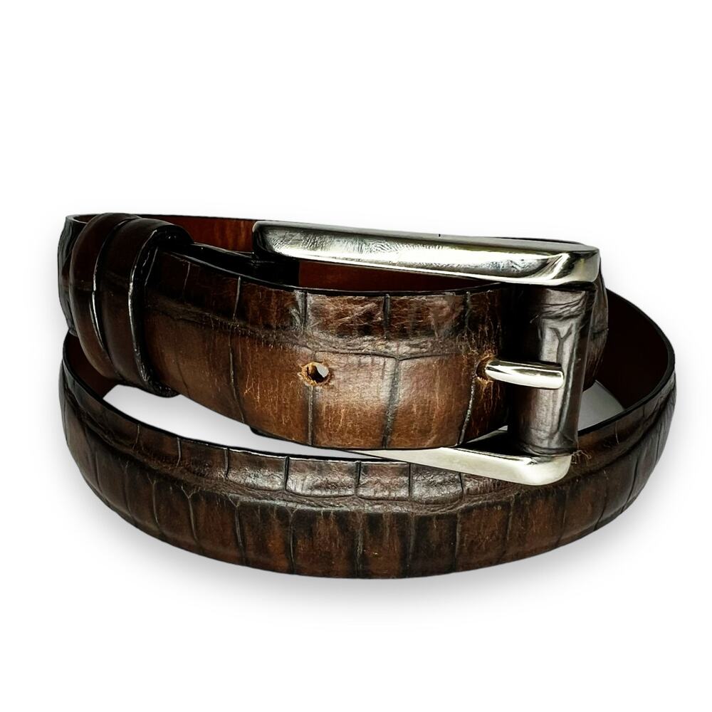Joan & David Italy Croc Pattern Brown Leather Belt with Silvertone Hardware Sz M - Picture 2 of 12